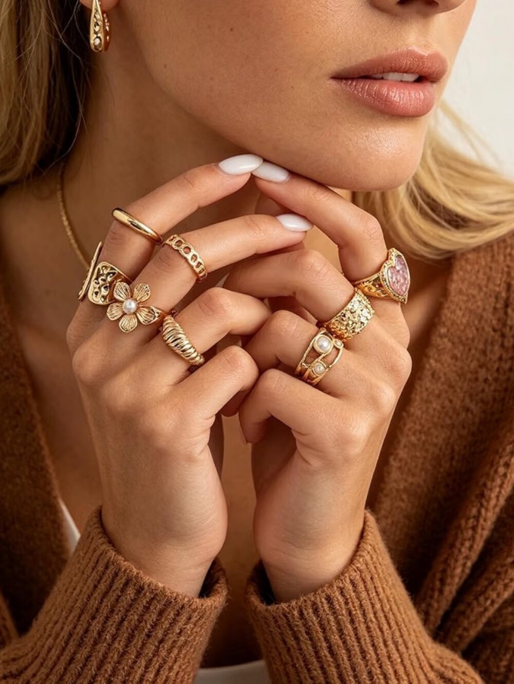 Chunky Gold Stackable Rings Set Non Tarnish Statement Open Adjustable - Picture 2 of 5